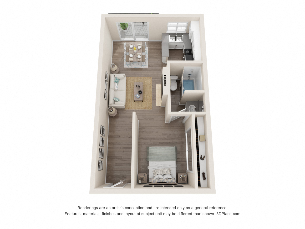 Floor plan for studio, 1 bath, 500 sqft